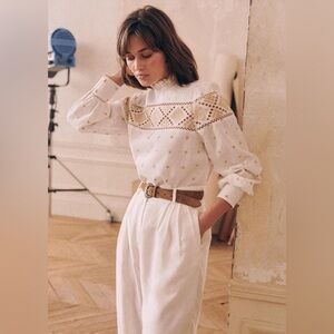 SEZANE “Lotta” Linen Cotton Blouse Top Smock Neck Ruffle Embroidery in Cream 34